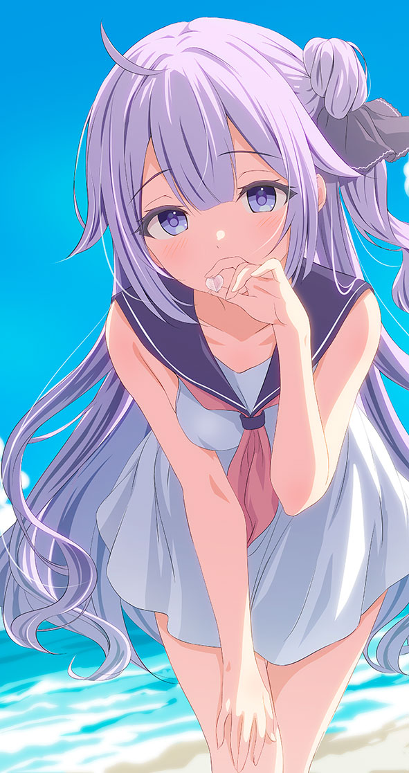 sukireto, unicorn (azur lane), azur lane, commentary request, 1girl, ahoge, black sailor collar, blue sky, breasts, cloud, covered mouth, day, dress, hair bun, hand up, heart, leaning forward, long hair, looking at viewer, neckerchief, one side up, outdoors, pink neckerchief, purple eyes, purple hair, sailor collar, single side bun, sky, sleeveless, sleeveless dress, small breasts, solo, standing, very long hair, water, white dress