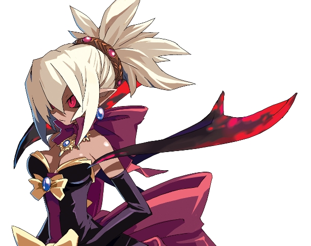 harada takehito, rozalin, zenon, zenon (disgaea), disgaea, makai senki disgaea 2, nippon ichi, 1girl, black sclera, blonde hair, bow, colored sclera, dark-skinned female, dark skin, demon girl, dress, female focus, jewelry, pointy ears, red eyes, solo, strapless, strapless dress, white hair, wings, yellow bow