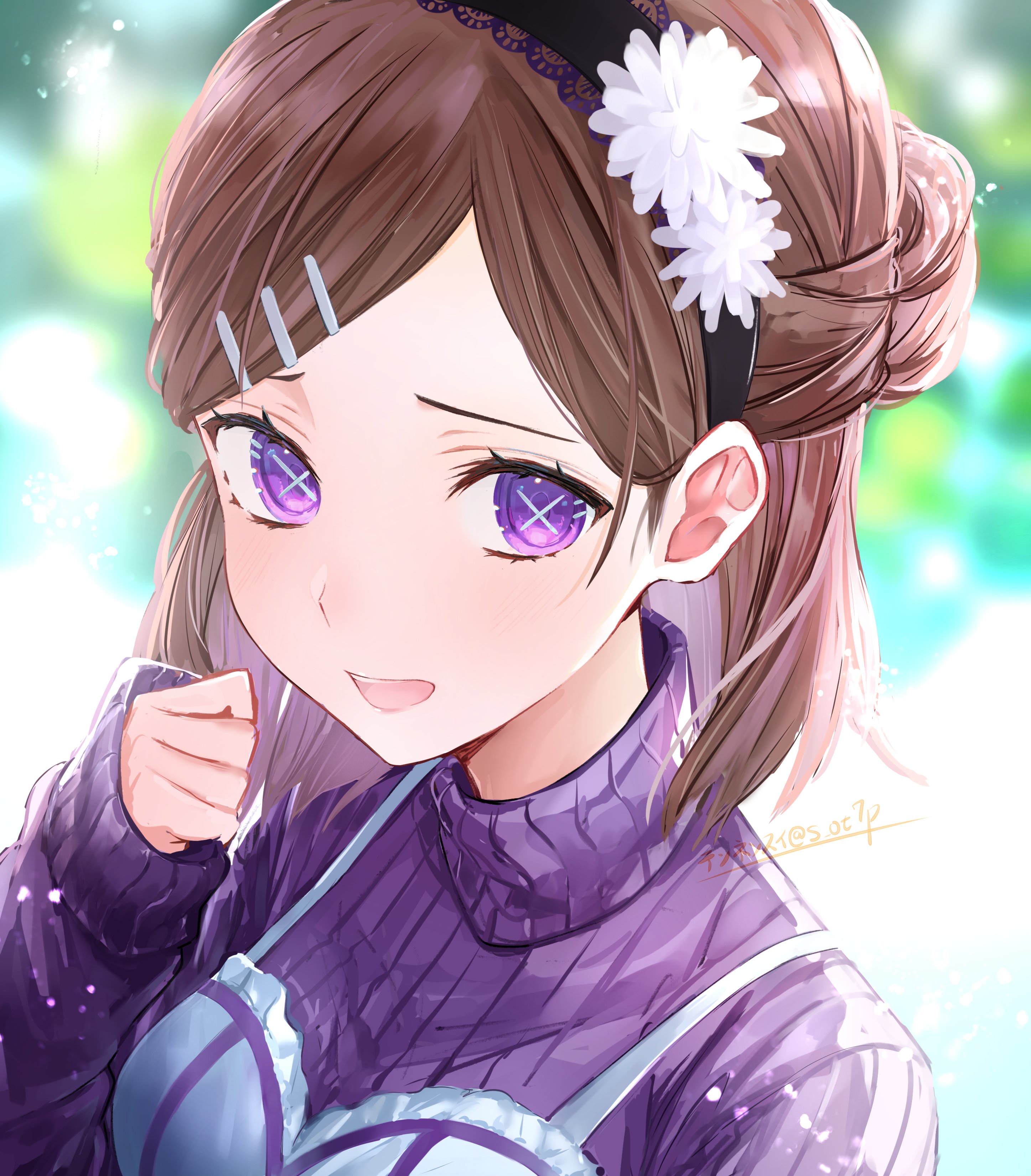 tennensui (midorinokaibutu4500), vera nair, identity v, absurdres, highres, :d, alternate costume, black headband, brown hair, flower, hair ornament, hairclip, hairpin, half up bun, headband, looking at viewer, medium hair, multiple hairpins, no mole, open mouth, parallel hairclips, purple eyes, purple sweater, raised inner eyebrows, sleeves past wrists, smile, sweater, symbol-shaped pupils, twitter username, white flower