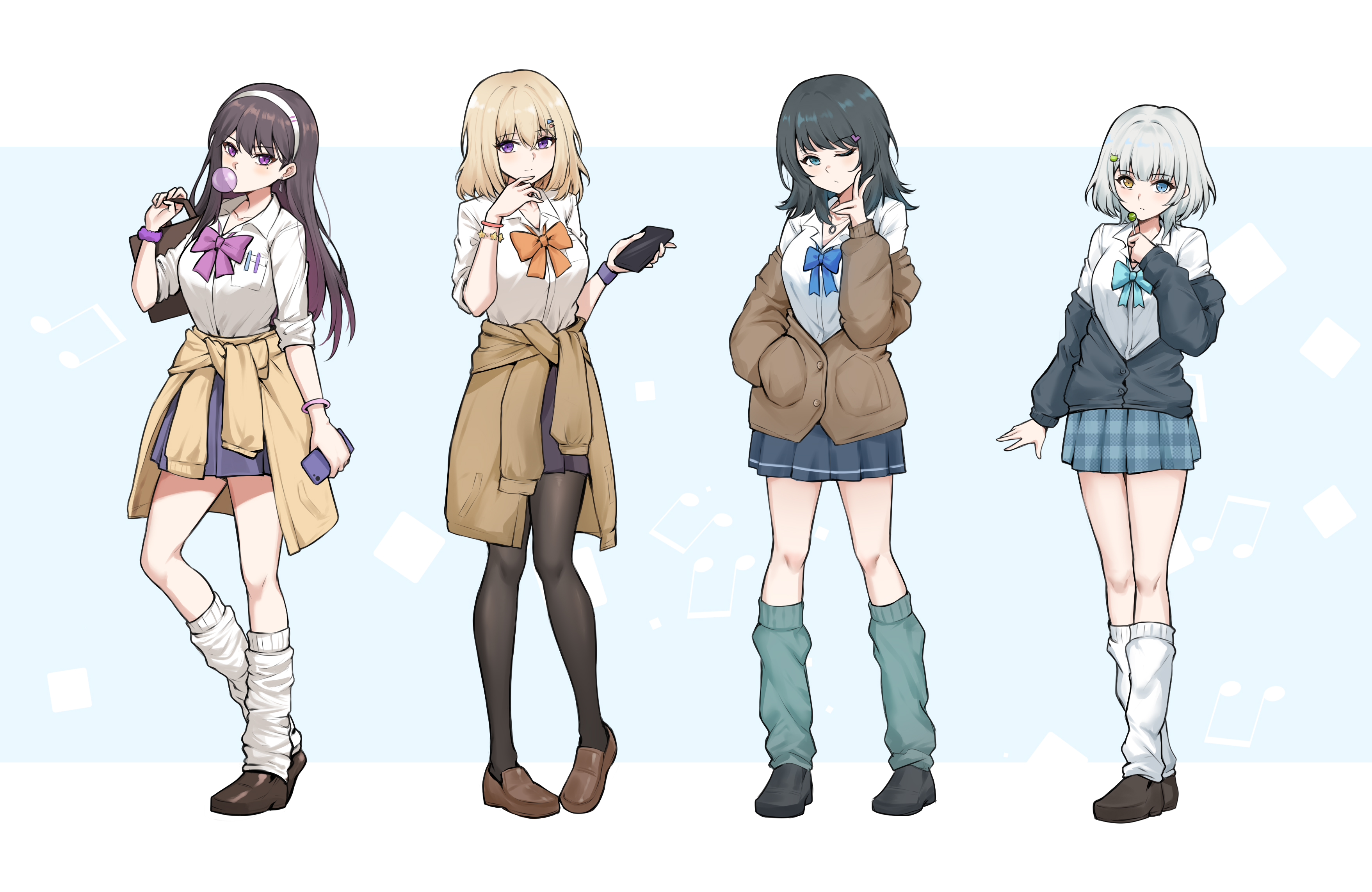 unique (pixiv12704744), kaname raana, misumi uika, shiina taki, yahata umiri, bang dream!, bang dream! it's mygo!!!!!, absurdres, chinese commentary, commentary request, highres, 4girls, black cardigan, black hair, black pantyhose, blonde hair, blue eyes, blue leg warmers, blue skirt, blush, bow, bowtie, breast pocket, brown cardigan, brown shoes, candy, cardigan, cardigan around waist, cat hair ornament, cellphone, closed mouth, clothes around waist, earrings, food, full body, gyaru, hair between eyes, hair ornament, hand in pocket, heart, heart hair ornament, heterochromia, holding, holding candy, holding food, holding lollipop, holding phone, jewelry, leg warmers, loafers, lollipop, long hair, matcha (food), medium hair, mole, mole under eye, multiple girls, one eye closed, orange bow, orange bowtie, pantyhose, partially unbuttoned, phone, plaid clothes, plaid skirt, pleated skirt, pocket, purple bow, purple bowtie, purple eyes, raana the cat, scrunchie, shirt, shoes, skirt, sleeves rolled up, smartphone, three-quarter sleeves, unmoving pattern, v, white leg warmers, white shirt, wrist scrunchie, yellow eyes