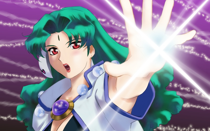 fuzuki hajime, corrector anty, corrector yui, 1990s (style), 1girl, :o, aqua hair, armpits, bare shoulders, blush, breasts, brooch, capelet, cleavage, facial mark, female focus, forehead mark, glowing, jewelry, long hair, looking at viewer, outstretched arm, parted bangs, red eyes, retro artstyle, solo, sparkle, upper body