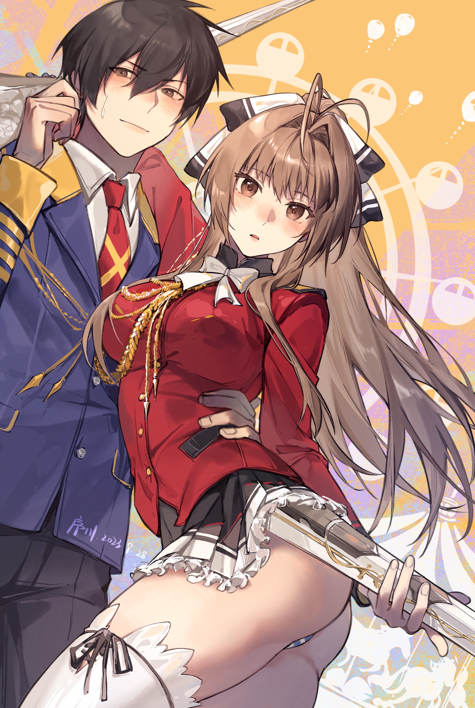 xuchuan, kanie seiya, sento isuzu, amagi brilliant park, highres, 1boy, 1girl, aiguillette, arm around neck, artist name, ass, black ribbon, blue jacket, blush, bow, bowtie, breasts, brown eyes, brown hair, colored skin, cowboy shot, dated, embarrassed, ferris wheel, frilled skirt, frills, gun, hair bow, hair ribbon, hand on another's hip, hand up, holding, holding gun, holding weapon, jacket, large breasts, long hair, long sleeves, looking to the side, military, military uniform, miniskirt, necktie, panties, pants, parted lips, ponytail, red jacket, red necktie, ribbon, skirt, striped clothes, striped panties, sweatdrop, thighhighs, thighs, two-tone ribbon, underwear, weapon, white bow, white bowtie, white ribbon, white skin, white thighhighs