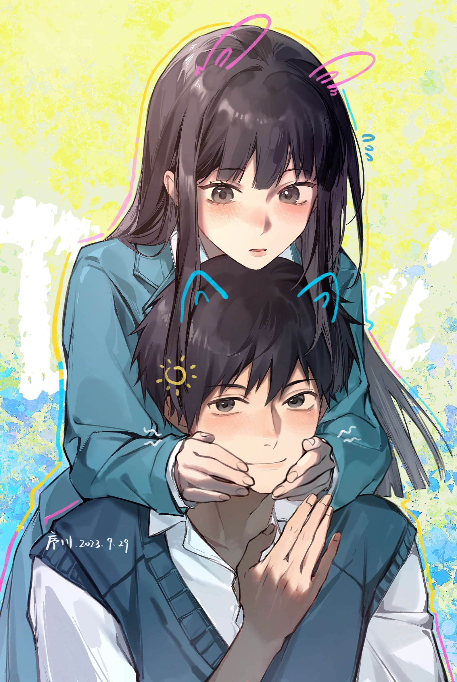 xuchuan, kazehaya shouta, kuronuma sawako, kimi ni todoke, highres, 1boy, 1girl, animal ears, artist name, black eyes, black hair, blue jacket, blue sweater vest, blush, cat ears, collared jacket, collared shirt, colored skin, cowboy shot, dated, fingernails, hair between eyes, hands on another's cheeks, hands on another's face, jacket, long hair, long sleeves, looking at another, rabbit ears, school uniform, shirt, short sleeves, smile, sun symbol, sweatdrop, sweater vest, white shirt, white skin
