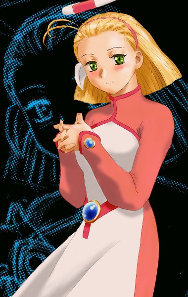 fuzuki hajime, corrector rescue, corrector yui, jpeg artifacts, 1990s (style), 1girl, ahoge, blonde hair, blush, female focus, green eyes, nurse, retro artstyle, solo
