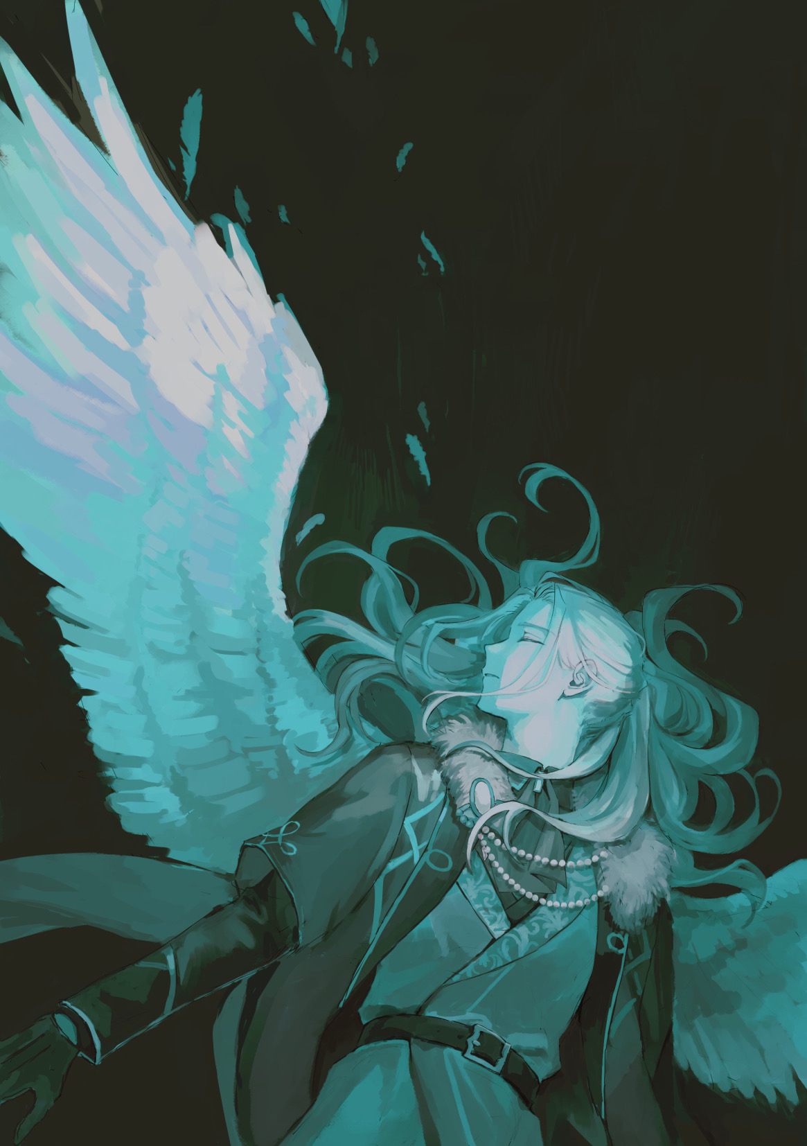 ran nagisa, ensemble stars!, highres, 1boy, aiguillette, angel wings, ascot, belt, black background, closed eyes, collared shirt, feathered wings, feathers, floating hair, fur collar, gloves, hisohiso end, jacket, jewelry, lapels, layered sleeves, long hair, long sleeves, lying, monochrome, on back, open clothes, open jacket, parted lips, patterned clothing, robe, shirt, short over long sleeves, short sleeves, solo, turning head, white wings, wings