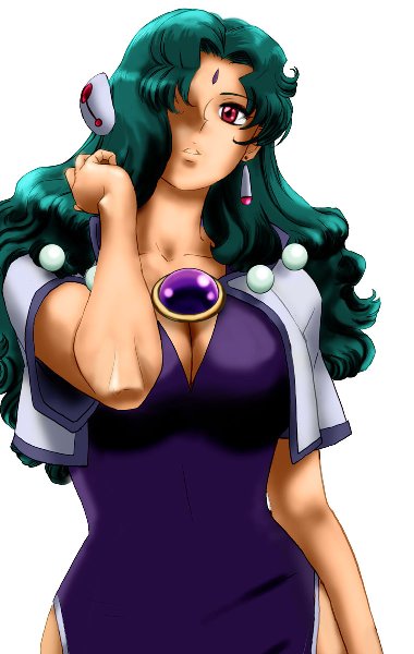 fuzuki hajime, corrector anty, corrector yui, jpeg artifacts, 1990s (style), 1girl, aqua hair, bindi, breasts, cleavage, curly hair, curvy, dress, earrings, female focus, hair over one eye, jewelry, long hair, red eyes, retro artstyle, simple background, solo