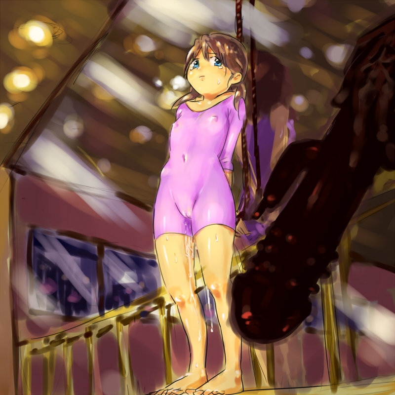 1girl, blue eyes, brown hair, covered erect nipples, female focus, flat chest, leotard, loli, pee, peeing, pussy, see-through clothes, sex toy, short twintails, solo, sweat, twintails, uncensored, vibrator