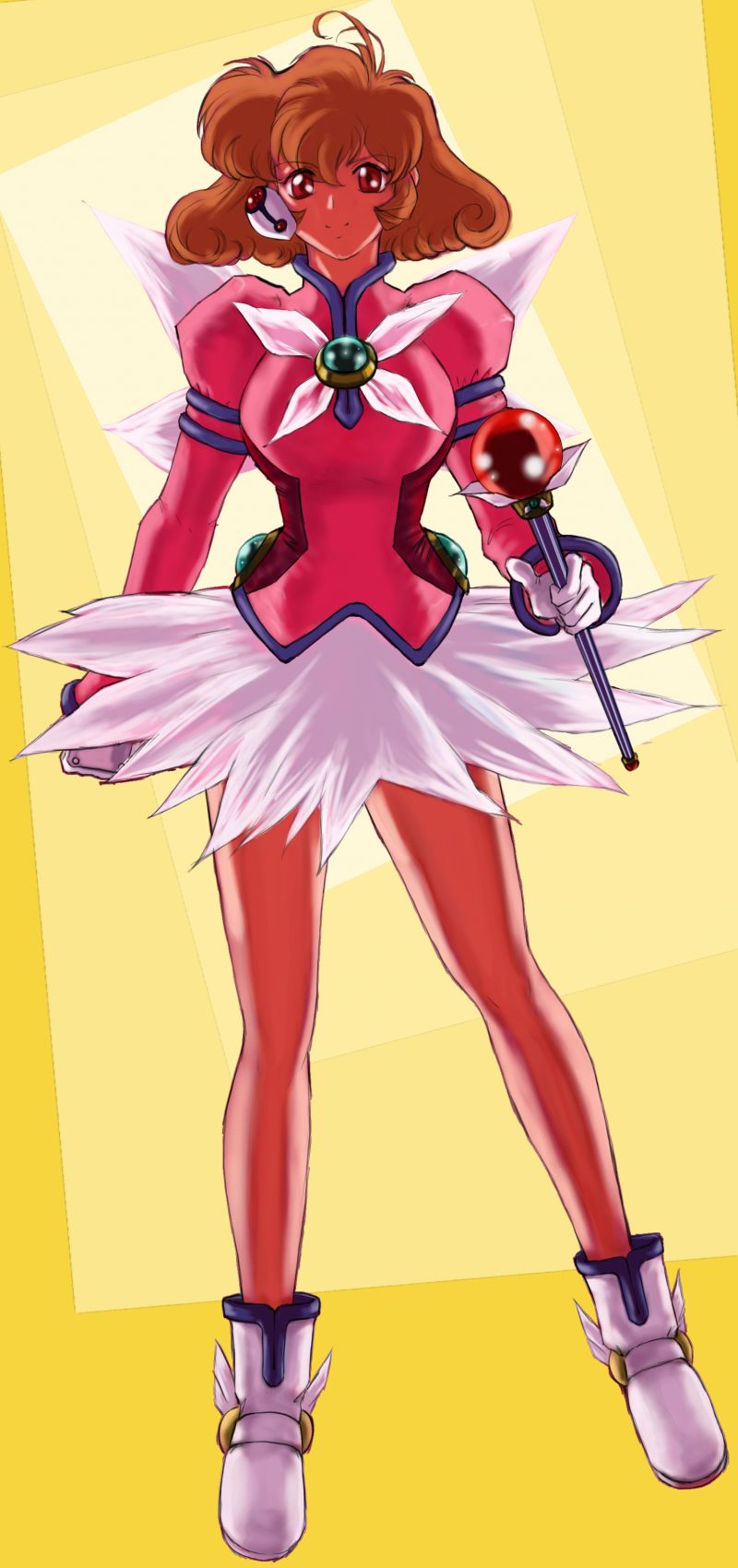 fuzuki hajime, kasuga yui, corrector yui, highres, 1990s (style), 1girl, ahoge, legs, pink shirt, shirt, wings, yellow background
