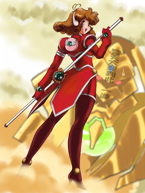 fuzuki hajime, grosser, kasuga yui, corrector yui, 1990s (style), 1girl, :d, ahoge, black pantyhose, blush, brown eyes, brown hair, dress, from behind, gem, holding, holding weapon, long hair, looking at viewer, looking back, monster, open mouth, pantyhose, polearm, red dress, retro artstyle, smile, staff, weapon