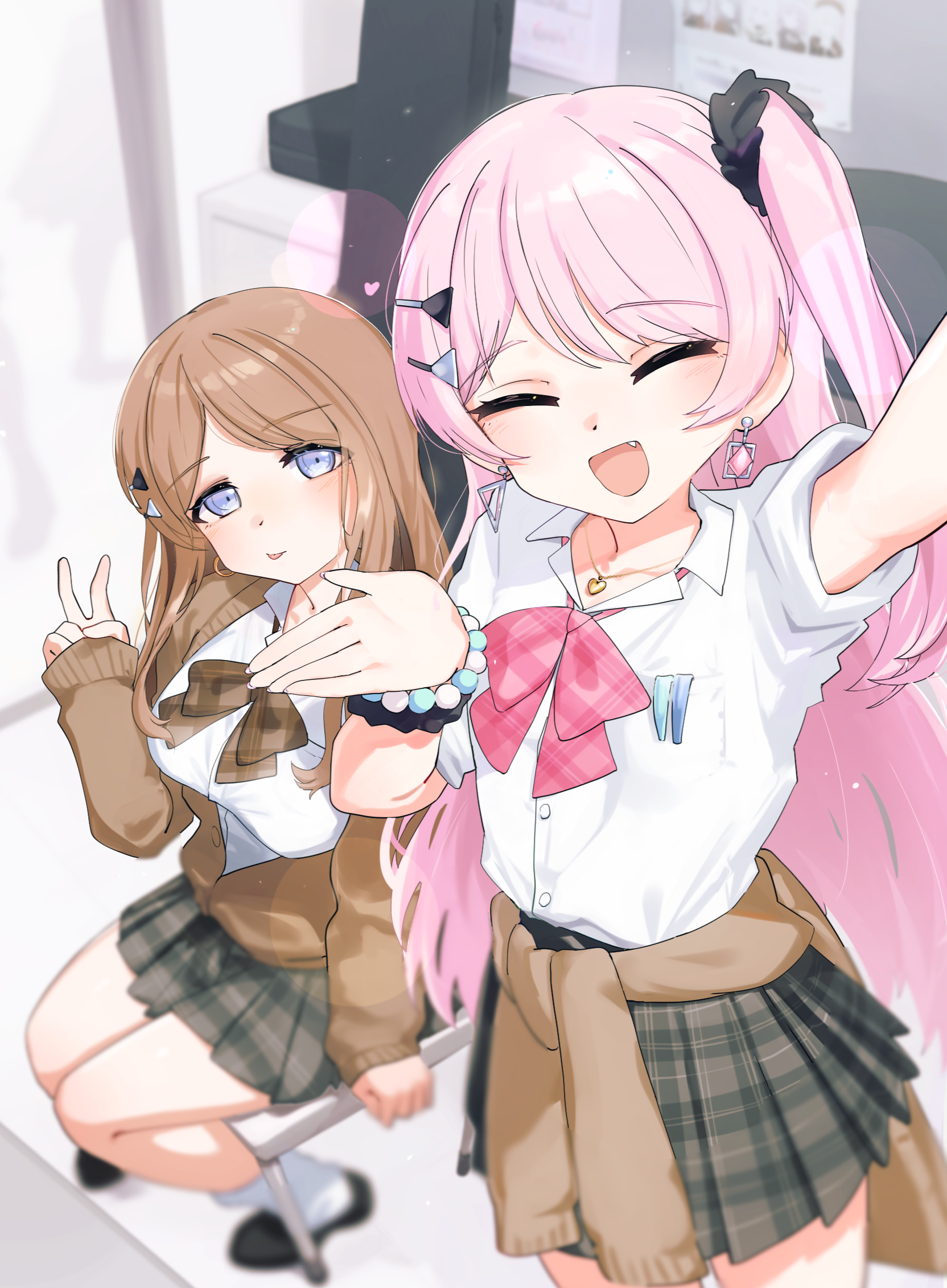 eltir, chihaya anon, nagasaki soyo, bang dream!, bang dream! it's mygo!!!!!, commentary, highres, symbol-only commentary, 2girls, bead bracelet, beads, blue eyes, bow, bowtie, bracelet, breast pocket, breasts, brown cardigan, brown hair, cardigan, cardigan around waist, chair, closed eyes, clothes around waist, earrings, fang, grey skirt, guitar case, gyaru, hair ornament, hairclip, hand up, heart, instrument case, jewelry, large breasts, long hair, multiple girls, one side up, open mouth, partially unbuttoned, pink bow, pink bowtie, pink hair, plaid clothes, plaid skirt, pleated skirt, pocket, scrunchie, selfie, shirt, sidelocks, sitting, skirt, tongue, tongue out, v, white shirt, wrist scrunchie