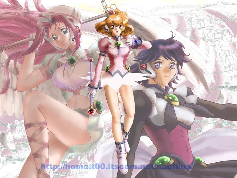 fuzuki hajime, kasuga yui, kisaragi haruna, shinozaki ai, corrector yui, 1990s (style), 3girls, ahoge, bodice, legs, multiple girls, pink shirt, shirt, watermark, web address, wings