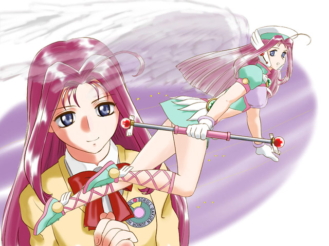 fuzuki hajime, kisaragi haruna, corrector yui, 1990s (style), 1girl, ahoge, blue eyes, dual persona, female focus, gloves, hat, legs, pink hair, purple background, purple hair, retro artstyle, skirt, smile, solo, wand, wings