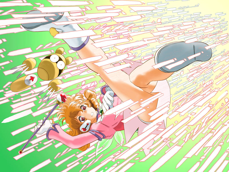 fuzuki hajime, corrector ir, kasuga yui, corrector yui, 1990s (style), 1girl, ahoge, brown eyes, brown hair, curly hair, gloves, legs, magical girl, pink shirt, shirt, short hair, skirt, wand, wings