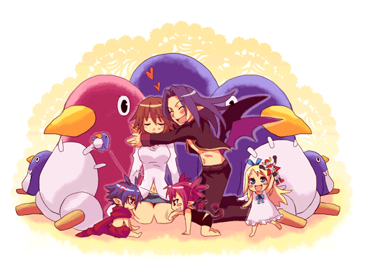 tsuyuka (sunny spot), etna (disgaea), flonne, laharl, laharl's mother, mid-boss (disgaea), prinny, disgaea, nippon ichi, 2boys, 3girls, aged down, baby, blonde hair, blue hair, brown hair, chibi, child, demon boy, demon girl, family, multiple boys, multiple girls, pants, pink hair, pointy ears, purple hair, wings