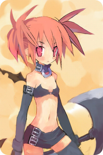 etna (disgaea), disgaea, makai senki disgaea, makai senki disgaea 2, makai senki disgaea 3, nippon ichi, 00s, axe, demon girl, double bladed axe, elbow gloves, gloves, pointy ears, red eyes, red hair, solo, thighhighs, weapon, wings