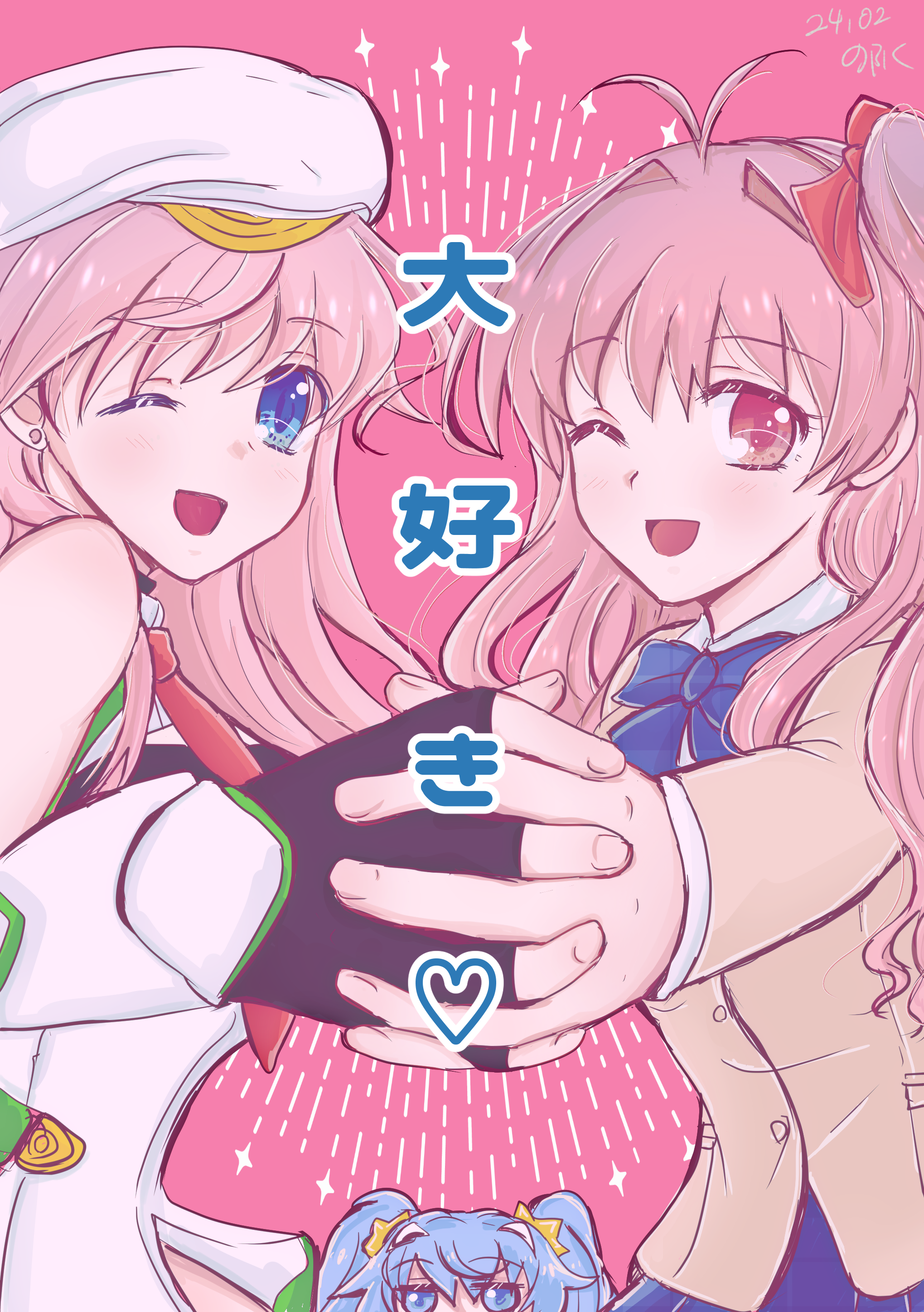 shiodanuki nofuku, erin-fray orgel, sakihata rimi, seira orgel, blood tune, chaos;head, science adventure, absurdres, highres, 3girls, :d, ;d, ahoge, antenna hair, beret, blue eyes, blush, bow, bowtie, breasts, gloves, hair ornament, hat, heart, holding hands, long hair, long sleeves, looking at viewer, magical girl, multiple girls, one eye closed, open mouth, pink eyes, pink hair, purple eyes, school uniform, shirt, smile, star (symbol), suimei academy school uniform, twintails, upper body