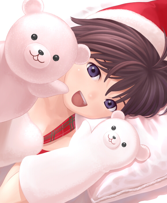 nekopuchi, kikuchi makoto, idolmaster, idolmaster (classic), idolmaster 1, plaid, 00s, antenna hair, blue eyes, brown hair, hand puppet, hat, mittens, puppet, purple eyes, santa hat, short hair, smile, solo