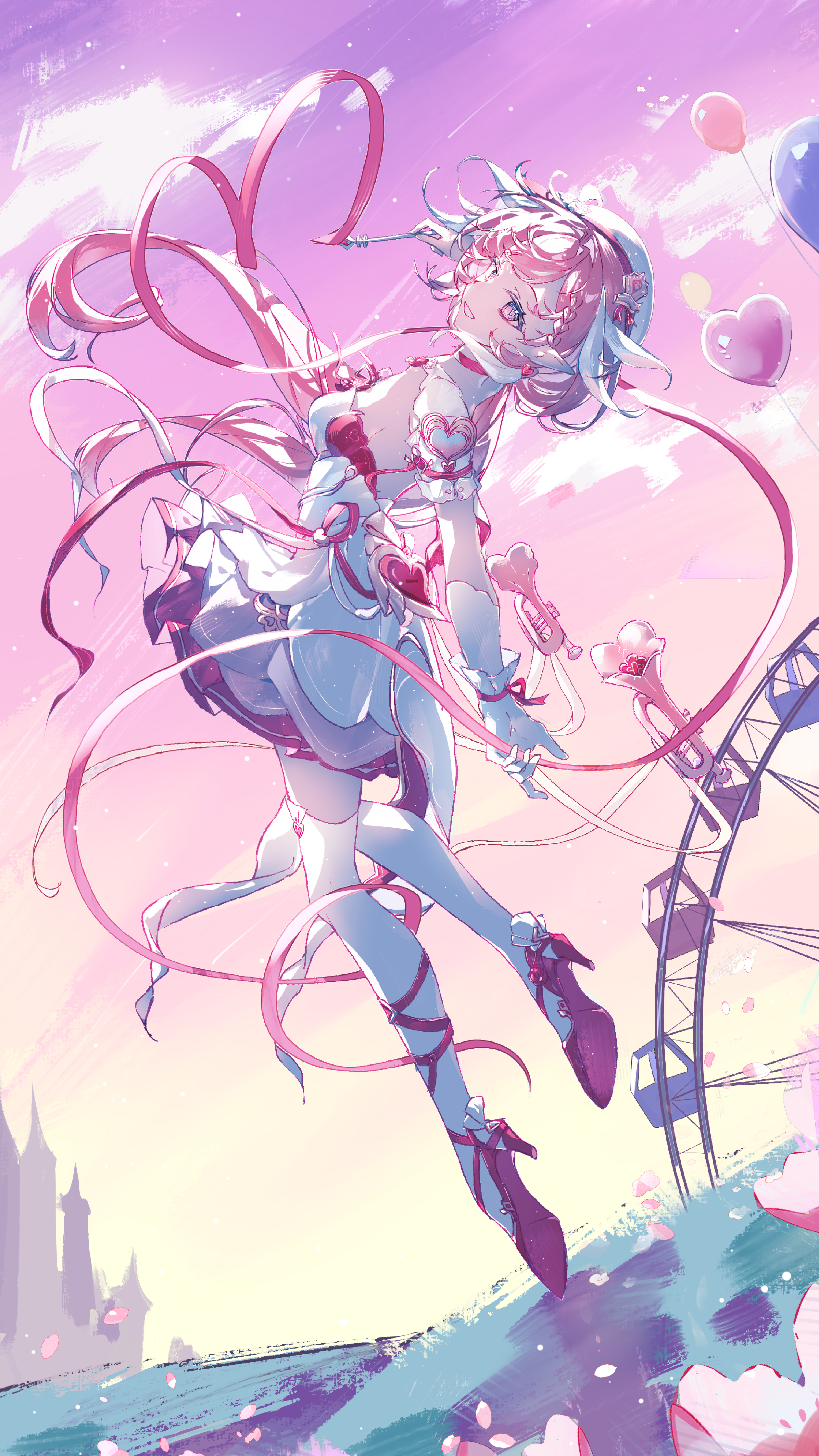 elysia (hi love elf) (honkai impact), elysia (honkai impact), honkai (series), honkai impact 3rd, absurdres, chinese commentary, commentary request, highres, 1girl, balloon, beret, breasts, diamond-shaped pupils, diamond (shape), dress, ferris wheel, hat, heart balloon, high heels, instrument, large breasts, long hair, luohuabanyu71142, multicolored hair, outdoors, pink hair, pink sky, purple eyes, sky, solo, symbol-shaped pupils, thighhighs, thighs, trumpet, two-tone hair, very long hair, white dress, white hair, white thighhighs