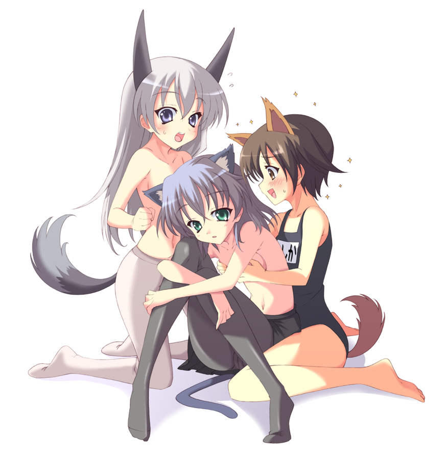 hayakawa harui, eila ilmatar juutilainen, miyafuji yoshika, sanya v. litvyak, strike witches, world witches series, 00s, 3girls, animal ears, barefoot, black pantyhose, breasts, crotch seam, grabbing another's breast, groping, kneeling, multiple girls, one-piece swimsuit, pantyhose, school swimsuit, sitting, small breasts, swimsuit, tail, topless female, white pantyhose