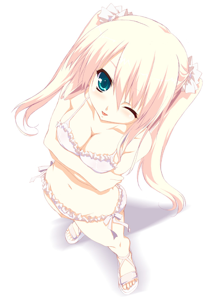 yamano sachi, original, 1girl, ;p, bare arms, bikini, blonde hair, blue eyes, breasts, cleavage, female focus, from above, full body, hair between eyes, looking at viewer, looking up, medium breasts, navel, one eye closed, smile, solo, standing, swimsuit, tongue, tongue out, twintails, white background, white bikini, wink
