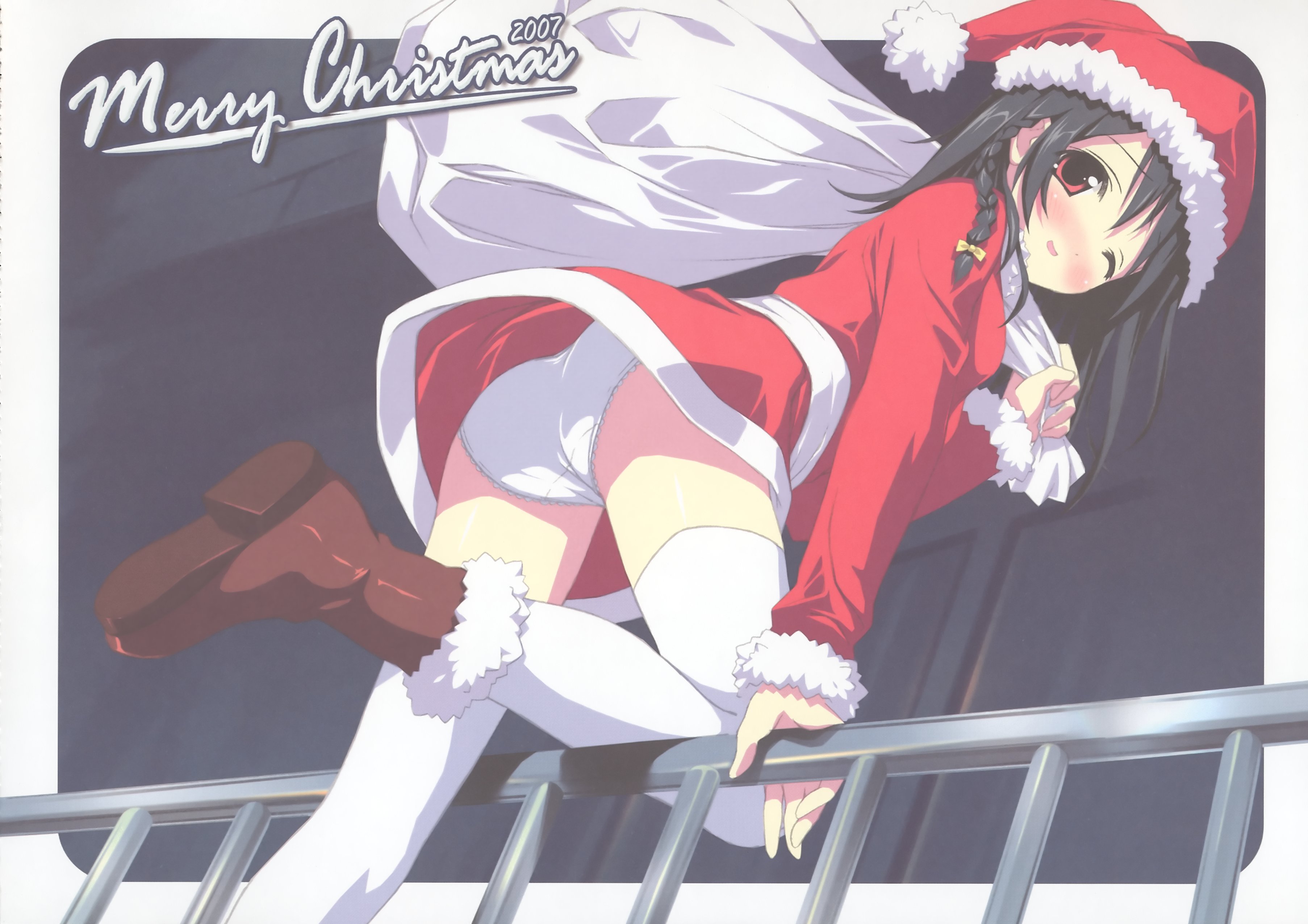kantoku, original, absurdres, highres, 1girl, black hair, blush, boots, christmas, female focus, one eye closed, panties, red eyes, santa costume, smile, solo, thighhighs, underwear, white panties, wink