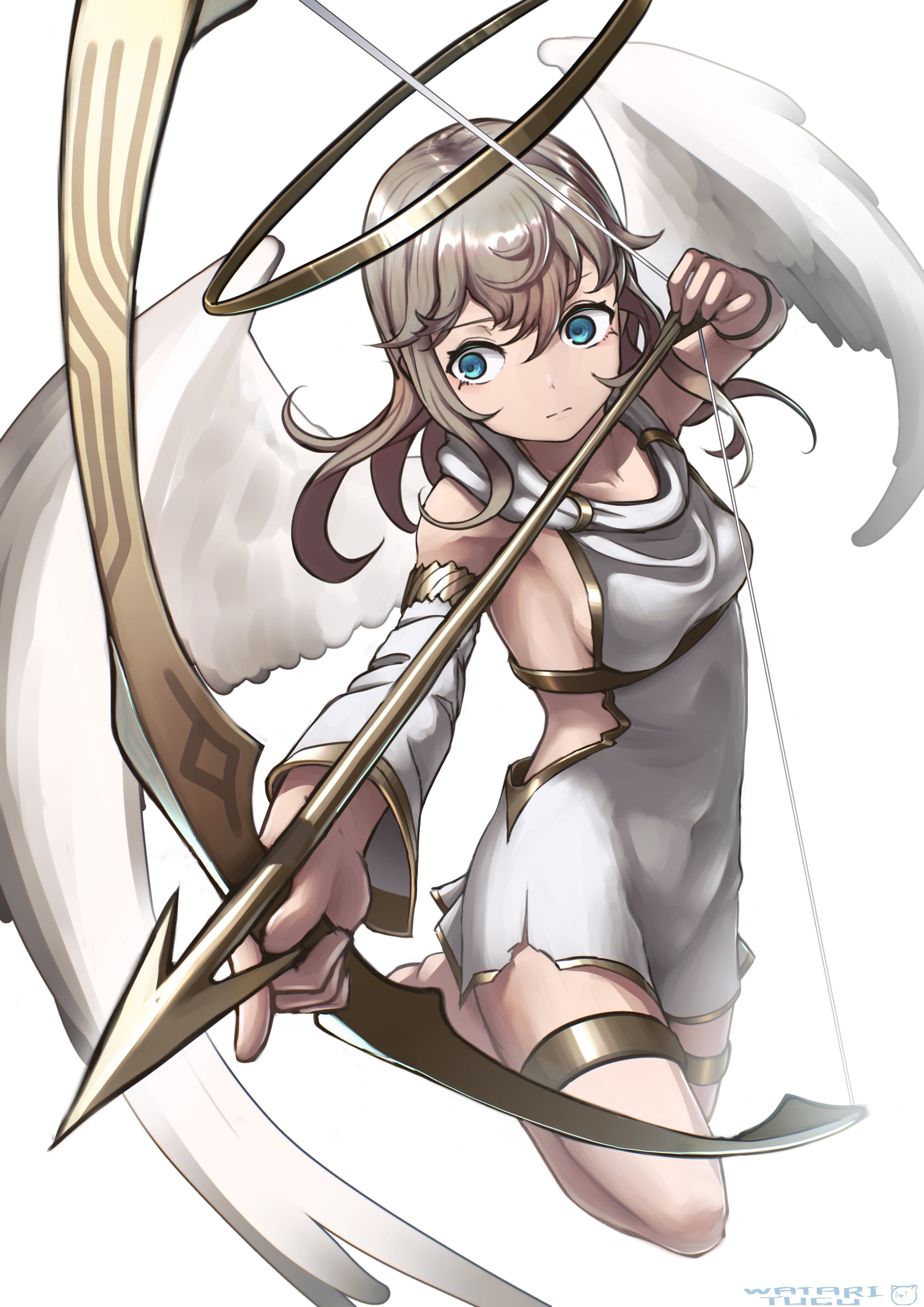 akemiya genma, original, absurdres, bad id, bad twitter id, highres, 1girl, angel, angel wings, arrow (projectile), blonde hair, blue eyes, bow (weapon), breasts, closed mouth, covered navel, detached sleeves, drawing bow, dress, gold thighlet, halo, holding, holding bow (weapon), holding weapon, jewelry, sideboob, simple background, small breasts, solo, thighlet, weapon, white background, wings