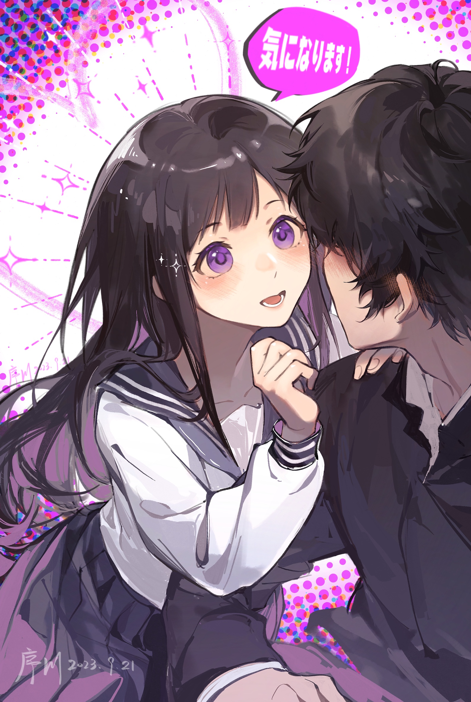 xuchuan, chitanda eru, oreki houtarou, hyouka, highres, translation request, 1boy, 1girl, black hair, blush, ear blush, excited, hetero, kamiyama high school uniform (hyouka), long hair, looking at another, open mouth, pleated skirt, purple eyes, sailor collar, school uniform, skirt, speech bubble, winter uniform