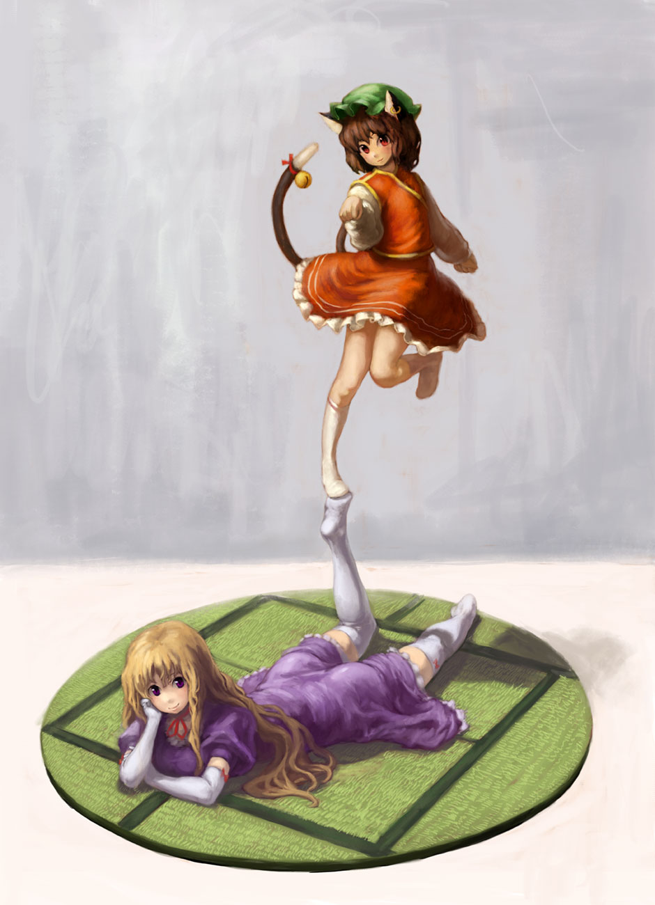 binayu, chen, yakumo yukari, touhou, highres, 2girls, animal ears, balancing, bell, blonde hair, brown hair, cat ears, cat girl, cat tail, earrings, female focus, gloves, hat, jewelry, long hair, lying, multiple girls, multiple tails, on stomach, purple eyes, red eyes, short hair, socks, tail, tail bell, tail ornament, thighhighs