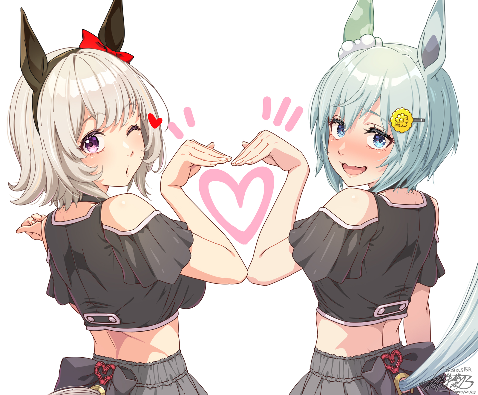 masaki shino, curren chan (umamusume), seiun sky (umamusume), umamusume, highres, 2girls, animal ears, black shirt, blue eyes, blue hair, bow, ear bow, ear covers, from behind, grey hair, hair ornament, hairclip, heart, heart hands, heart hands duo, horse ears, horse girl, horse tail, looking at viewer, meni shuki rush-sshu!, midriff, multiple girls, one eye closed, open mouth, purple eyes, red bow, shirt, short hair, short sleeves, simple background, single ear cover, tail, white background