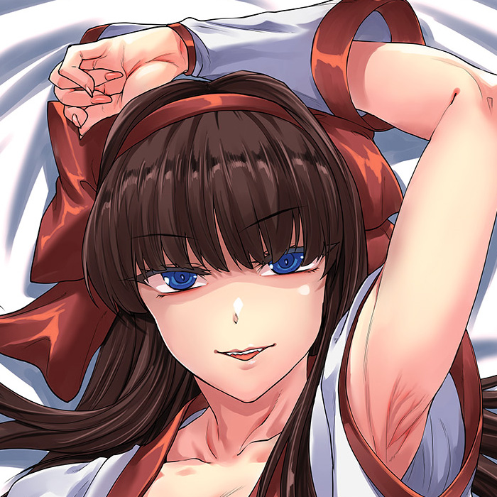 nakoruru, samurai spirits, snk, the king of fighters, 1girl, ainu clothes, arm behind head, armpits, bed, blue eyes, brown hair, hair ribbon, half-closed eyes, long hair, looking at viewer, lying, naughty face, open mouth, ribbon, sharp teeth, smile, solo, teeth, tongue
