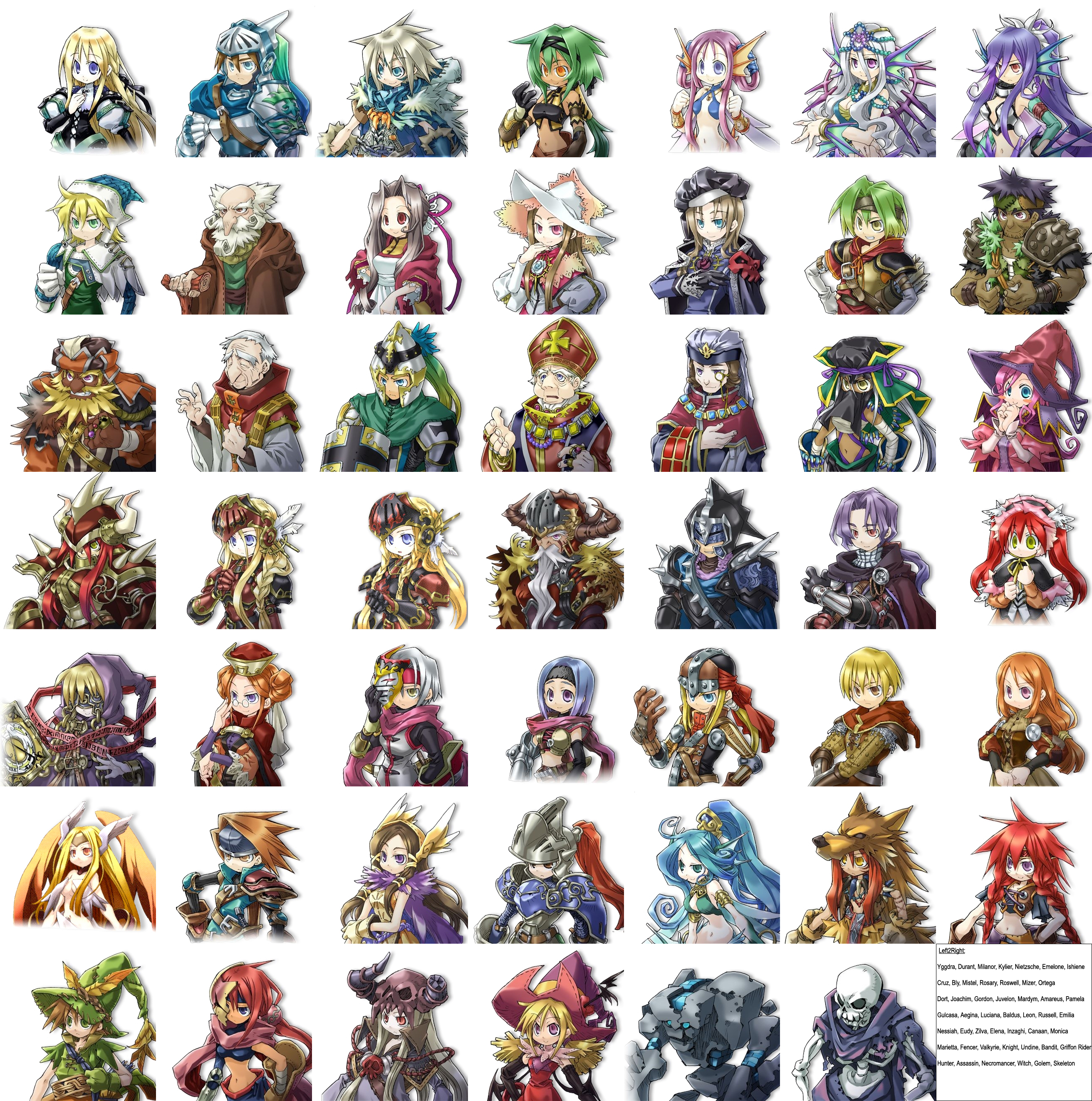 eudy, kiyuzuki satoko, leon, pamela, aegina (yggdra union), amareus (yggdra union), baldus (yggdra union), bandit, bly, canaan (yggdra union), cruz (yggdra union), dort (yggdra union), durant, durant (yggdra union), elena (yggdra union), emelone (yggdra union), emilia, emilia (yggdra union), gordon (yggdra union), griffin rider, gulcasa (yggdra union), hunter (yggdra union), inzaghi (yggdra union), ishiene (yggdra union), juvelon (yggdra union), kylier (yggdra union), leon (yggdra union), luciana, mardym (yggdra union), marietta (yggdra union), milanor (yggdra union), mistel (yggdra union), mizer (yggdra union), monica, monica (yggdra union), nessiah (yggdra union), nietzsche (yggdra union), ortega, pamela (yggdra union), rogue (mega man), rosary (yggdra union), roswell (yggdra union), russell (yggdra union), undine, undine (yggdra union), valkyrie (yggdra union), yggdra yuril artwaltz, zilva, nintendo, pokemon, yggdra union, absurdres, highres, official art, 6+boys, 6+girls, assassin, dark skin, english text, everyone, fencer, fins, gen 5 pokemon, golem, griffon rider, hat, head fins, hunter, knight, mermaid, monster girl, multiple boys, multiple girls, necromancer, pokemon (creature), skeleton, valkyrie, witch, witch hat