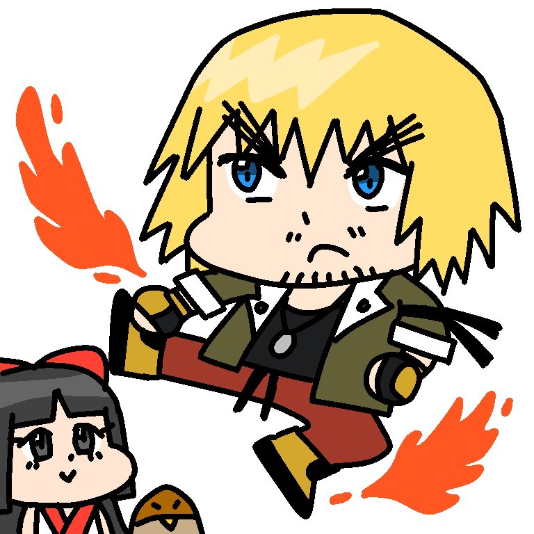 ken masters, mamahaha, nakoruru, capcom, samurai spirits, snk, street fighter, the king of fighters, 1boy, 1girl, black eyes, black hair, blonde hair, blue eyes, chibi, crossover, fingerless gloves, fire, gloves, hair ribbon, jacket, kicking, legs, long hair, open clothes, open jacket, pants, ribbon, serious, short hair, smile, thighs