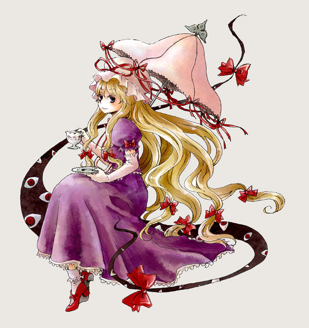 nikoro, yakumo yukari, touhou, 1girl, dress, female focus, full body, gap (touhou), gloves, hat, parasol, simple background, solo, umbrella