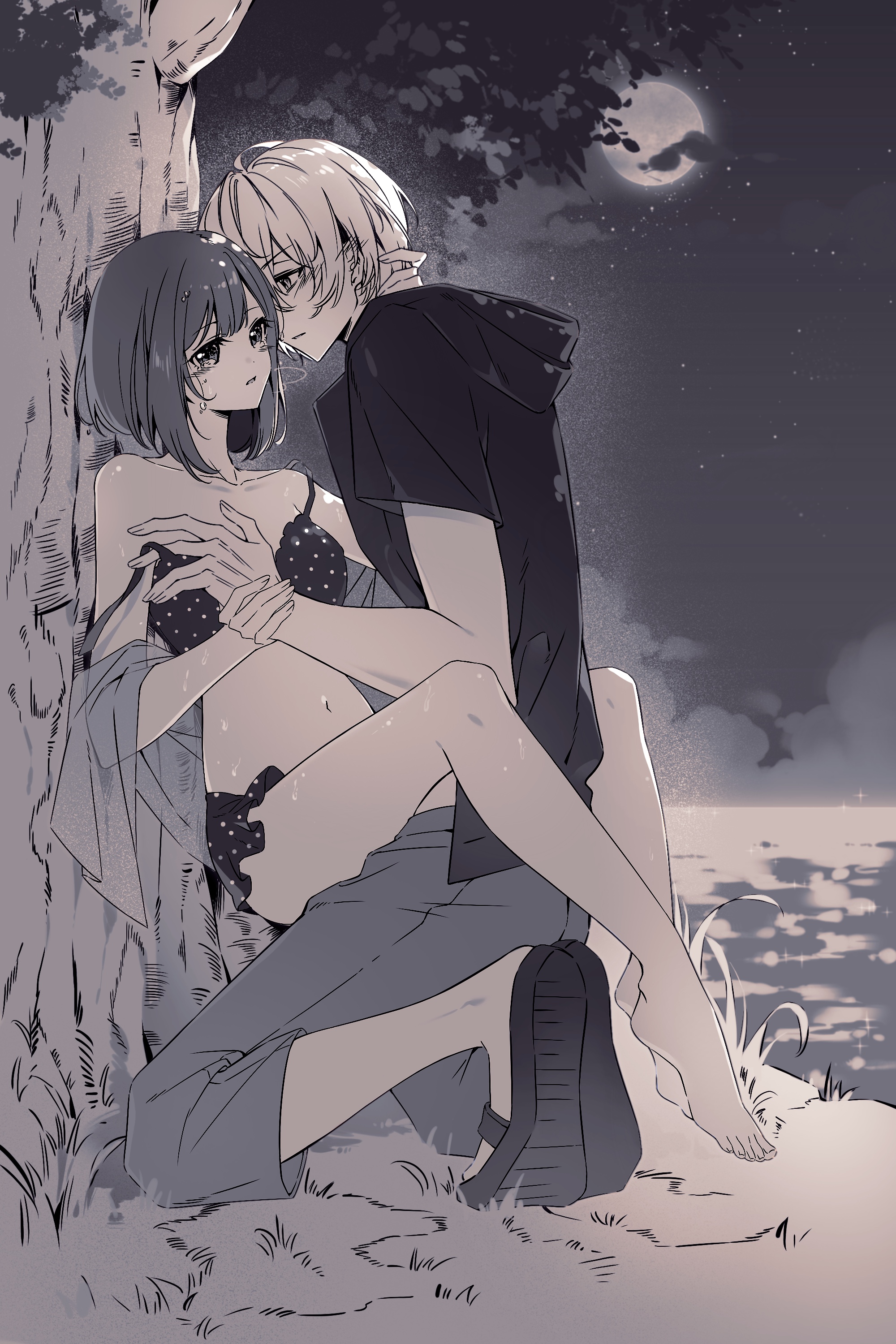 arima kana, hoshino aquamarine, oshi no ko, absurdres, highres, 1boy, 1girl, bare shoulders, bikini, blush, breasts, clothed sex, collarbone, feet, grabbing another's breast, groping, hetero, if they mated, implied sex, jacket, legs, medium breasts, monochrome, moon, navel, night, night sky, ocean, open mouth, outdoors, sandals, sex, short hair, sky, stomach, straddling, strap slip, swimsuit, tears, thighs, toes, tree, unworn jacket, vaginal