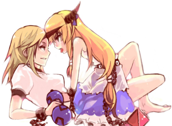hase neet, hoshiguma yuugi, ibuki suika, touhou, bad perspective, 2girls, arm support, bare shoulders, barefoot, blonde hair, chain, eye contact, female focus, girl on top, gourd, horns, imminent kiss, looking at another, lying, multiple girls, naughty face, on back, orange hair, profile, short hair, single horn, smile, straddling, tongue, yuri