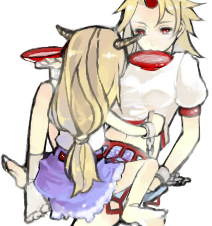 hase neet, hoshiguma yuugi, ibuki suika, touhou, lowres, 2girls, barefoot, cup, feet, female focus, horns, multiple girls, sakazuki, single horn, sitting, sitting on lap, sitting on person, straddling, upright straddle