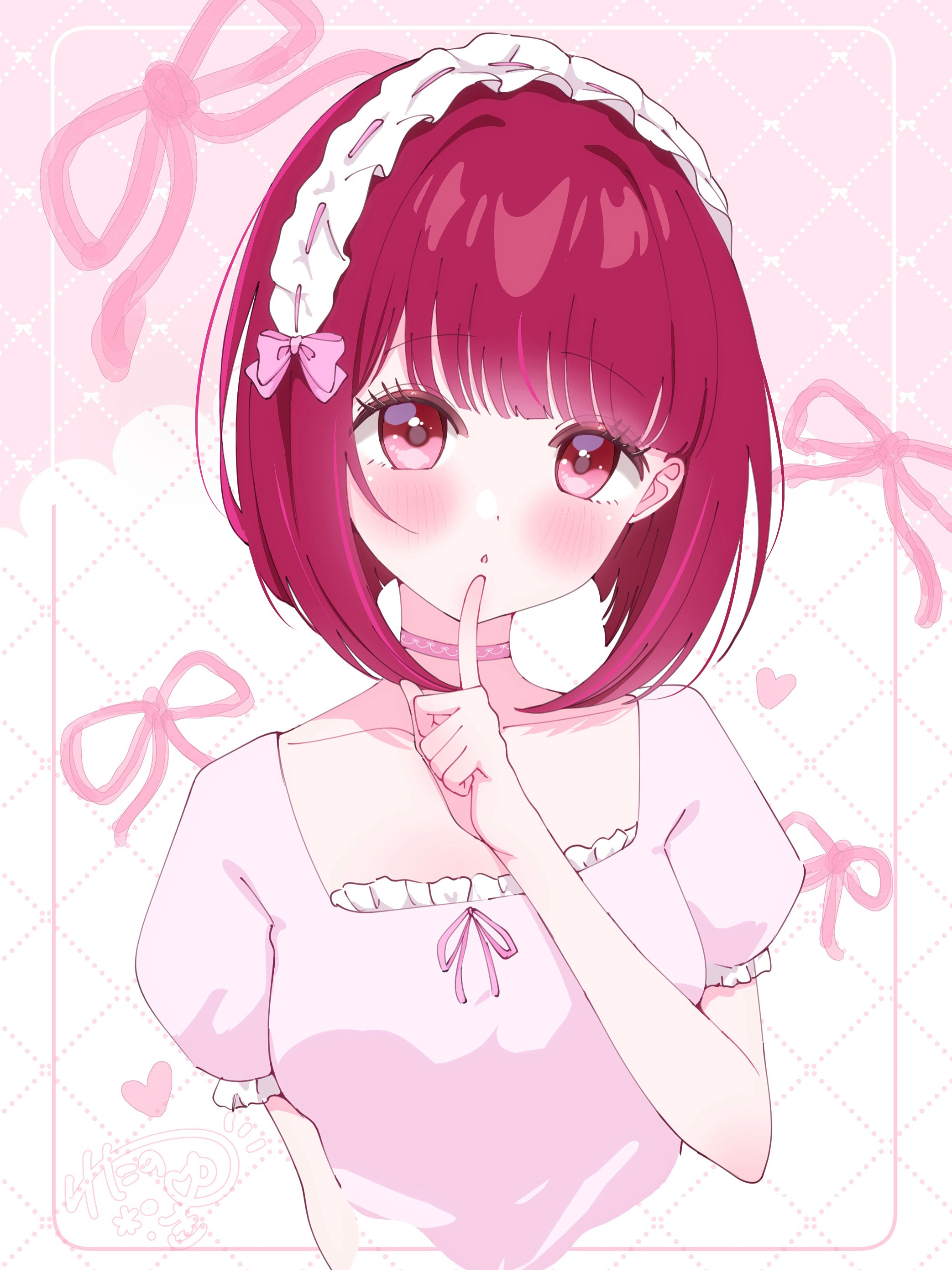 watano yuki, arima kana, oshi no ko, absurdres, highres, 1girl, blush, bob cut, choker, collarbone, dress, finger to mouth, hairband, inverted bob, looking at viewer, red eyes, red hair, short hair, simple background, solo, upper body