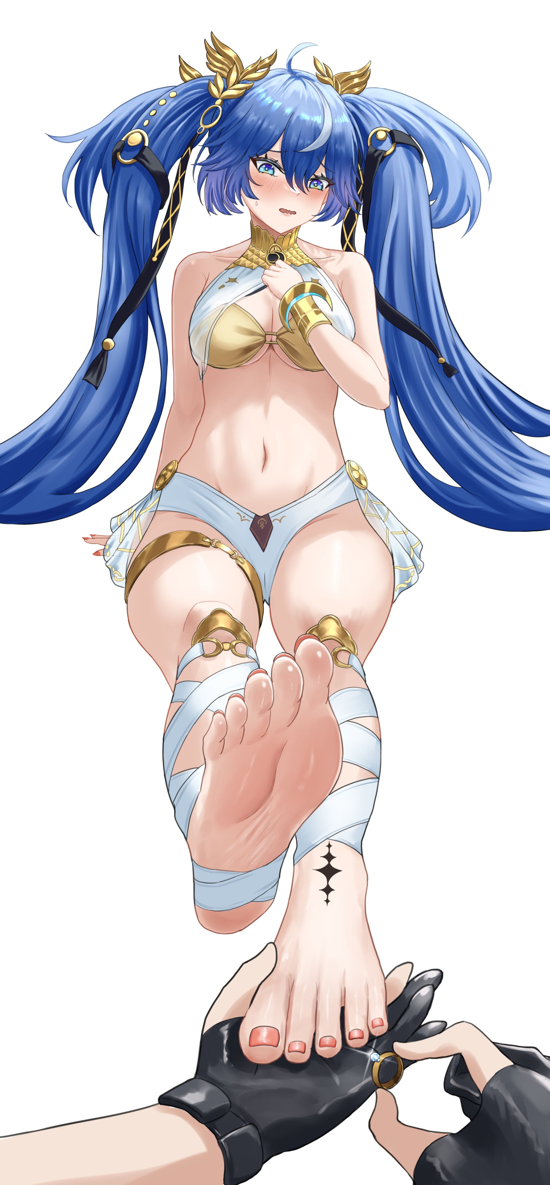 ayloss, female rover (wuthering waves), iuno (wuthering waves), rover (wuthering waves), wuthering waves, absurdres, commentary, hashtag-only commentary, highres, adapted costume, ahoge, bare shoulders, black gloves, blue eyes, blue hair, blush, breasts, cleavage, feet, gloves, gold bra, hair belt, hair between eyes, hand up, holding, holding jewelry, holding ring, jewelry, laurel crown, leg wrap, long hair, medium breasts, multicolored hair, navel, open mouth, partially fingerless gloves, pov, pov hands, ring, showgirl skirt, simple background, skirt, stomach, streaked hair, tacet mark (wuthering waves), thighlet, thighs, toes, twintails, vambraces, white background, white skirt
