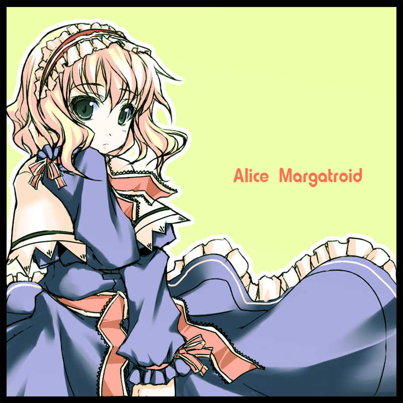kaneru, alice margatroid, touhou, 1girl, blonde hair, character name, female focus, green eyes, hairband, simple background, solo