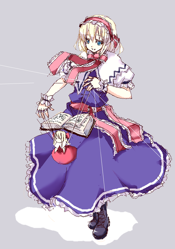 kaneru, alice margatroid, hourai doll, touhou, 1girl, blonde hair, blue dress, blue eyes, boots, dress, female focus, frills, full body, grey background, hairband, jewelry, lace-up boots, oekaki, puppet rings, puppet strings, ring, sash, scarf, short hair, simple background, solo, standing, wrist cuffs