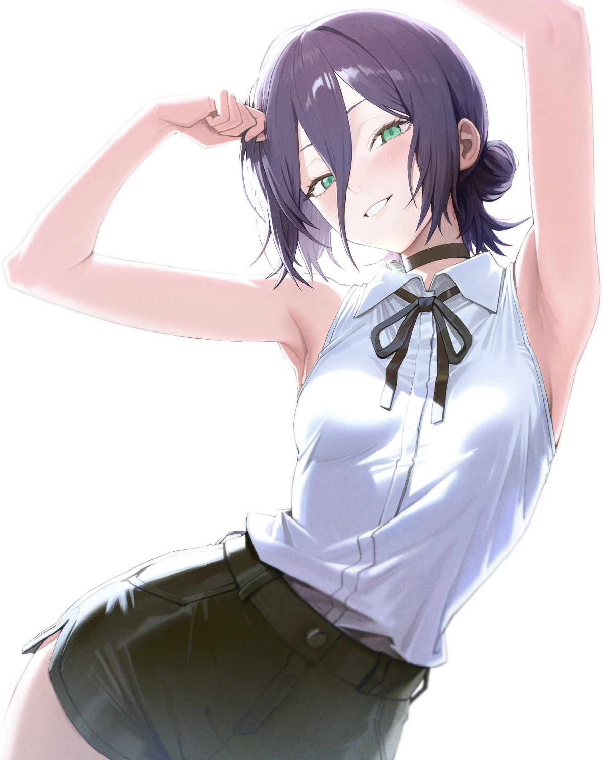 pan (ryu), reze (chainsaw man), chainsaw man, commentary, highres, 1girl, armpits, arms up, bare arms, black choker, black hair, black ribbon, black shorts, blush, breasts, choker, collared shirt, green eyes, grenade pin, hair between eyes, long hair between eyes, looking at viewer, neck ribbon, ribbon, shirt, shirt tucked in, short shorts, shorts, side slit, simple background, sleeveless, sleeveless shirt, small breasts, smile, solo, white background, white shirt