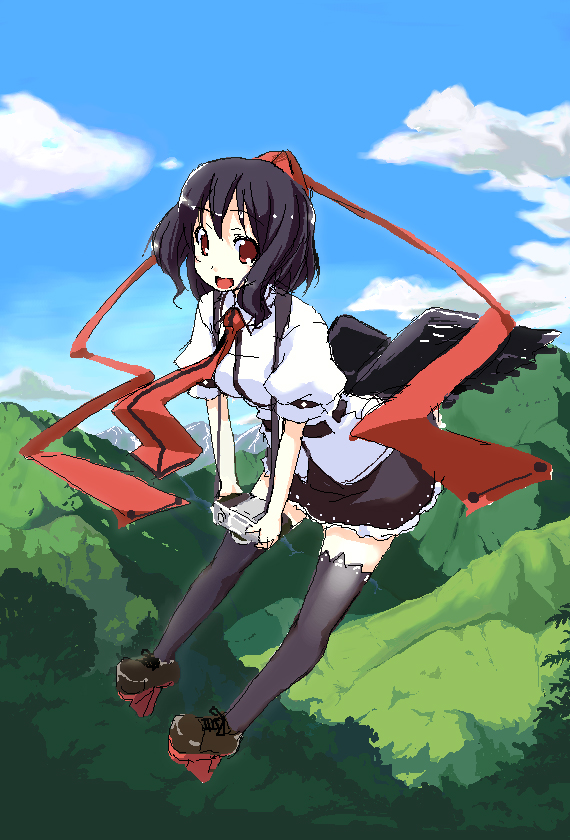 kaneru, shameimaru aya, touhou, 1girl, black hair, camera, female focus, geta, hat, looking at viewer, oekaki, open mouth, red eyes, short hair, solo, tengu-geta, thighhighs, tokin hat, wings