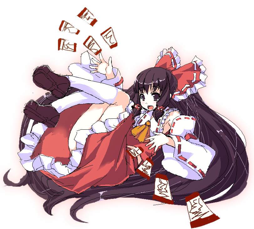 kaneru, hakurei reimu, touhou, 1girl, :o, bare shoulders, black hair, blush, brown eyes, collar, detached sleeves, female focus, frills, full body, kneehighs, legs up, loafers, long hair, oekaki, ponytail, ribbon-trimmed sleeves, ribbon trim, shoes, simple background, socks, solo, very long hair, white background, white socks