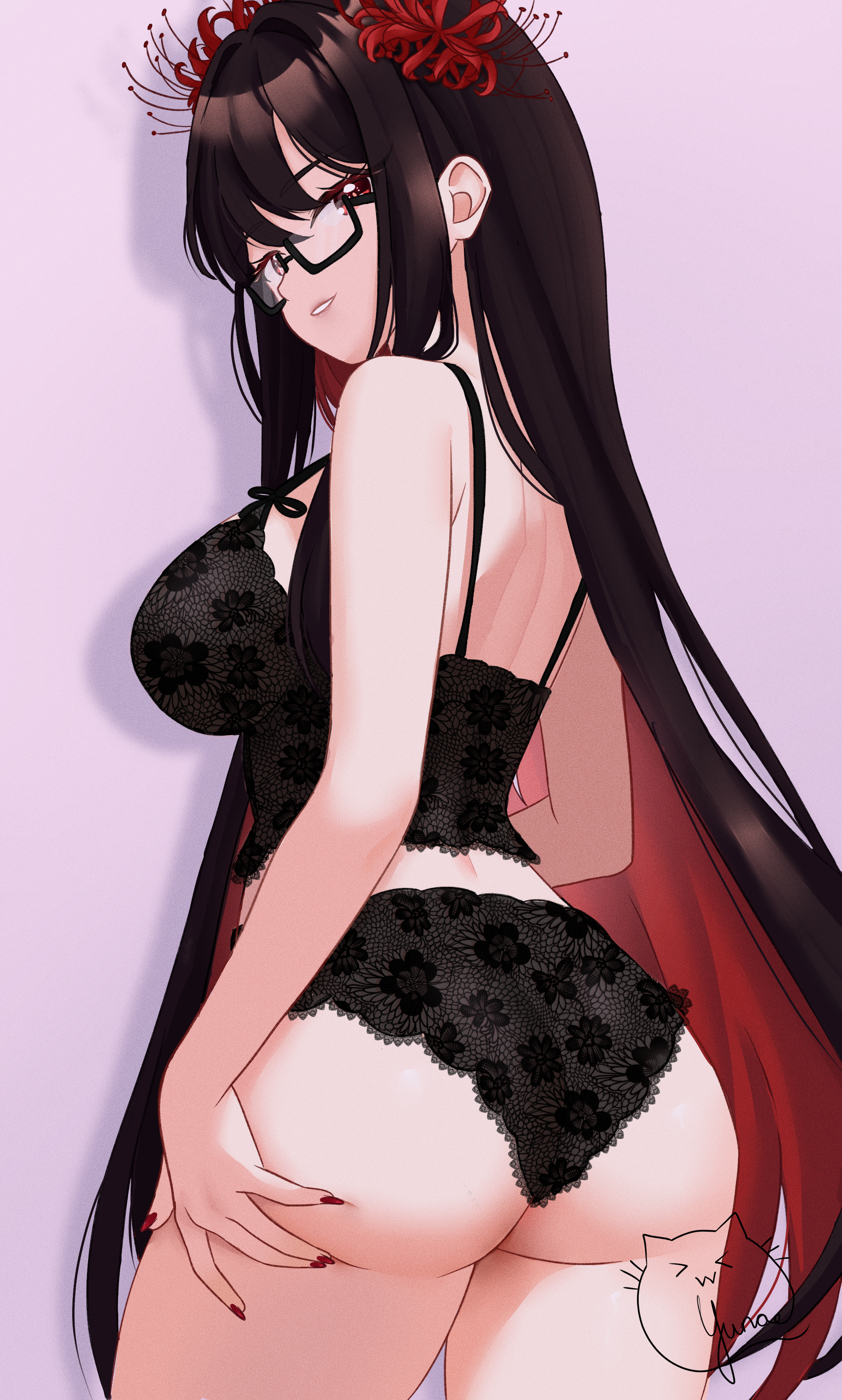 etherealmeow, kanikou estellia, babiniku, indie virtual youtuber, absurdres, copyright request, highres, non-web source, 1girl, ass, black camisole, black hair, black panties, breasts, camisole, floral print, flower, from behind, glasses, grin, hair flower, hair ornament, hand on own ass, lace, lace-trimmed panties, lace trim, large breasts, lingerie, long hair, looking at viewer, looking back, multicolored hair, panties, print camisole, print panties, red eyes, red flower, red hair, red nails, smile, spider lily, standing, teeth, two-tone hair, underwear, virtual youtuber