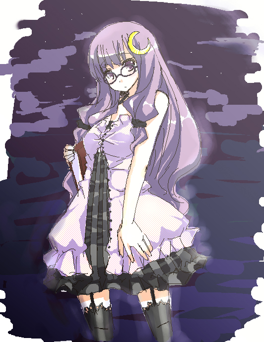 kaneru, patchouli knowledge, touhou, 1girl, alternate costume, bespectacled, black thighhighs, book, crescent, crescent hair ornament, female focus, garter belt, garter straps, glasses, hair ornament, no headwear, oekaki, solo, thighhighs