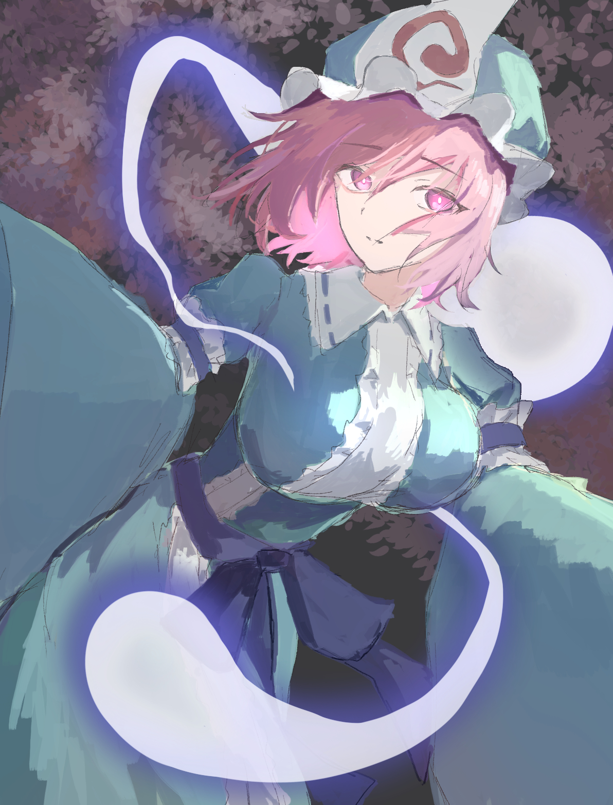 saigyouji yuyuko, touhou, commentary request, highres, partial commentary, 1girl, blue dress, blue hat, breasts, dress, hat, hitodama, looking at viewer, mob cap, pink eyes, pink hair, short hair, solo, swspiellll, wide sleeves