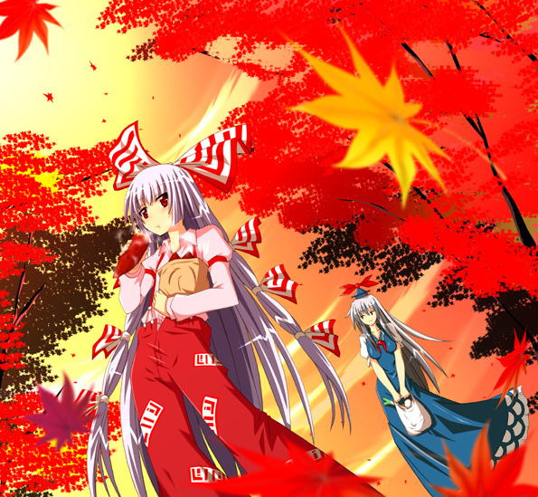 fumihiro, fujiwara no mokou, kamishirasawa keine, touhou, 2girls, autumn, autumn leaves, falling leaves, female focus, from below, leaf, long sleeves, looking at viewer, multiple girls, ofuda, orange sky, pants, sky, standing