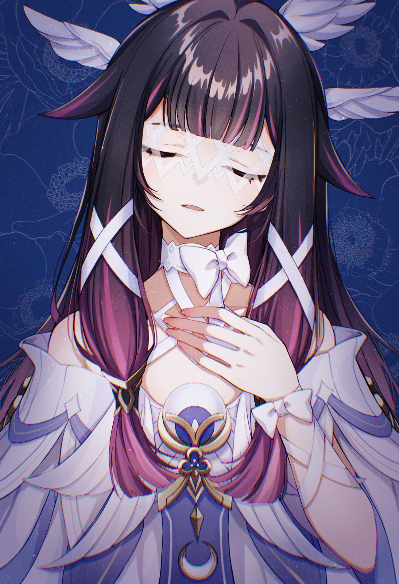 yanagida shiina, columbina (genshin impact), genshin impact, commentary request, highres, 1girl, bare shoulders, black hair, blue background, bow, closed eyes, dress, eye mask, facing viewer, floral background, hair intakes, hair ribbon, hand on own chest, head tilt, head wings, long hair, multicolored hair, parted lips, pink hair, ribbon, solo, two-tone hair, upper body, white bow, white dress, white ribbon, white wings, wings