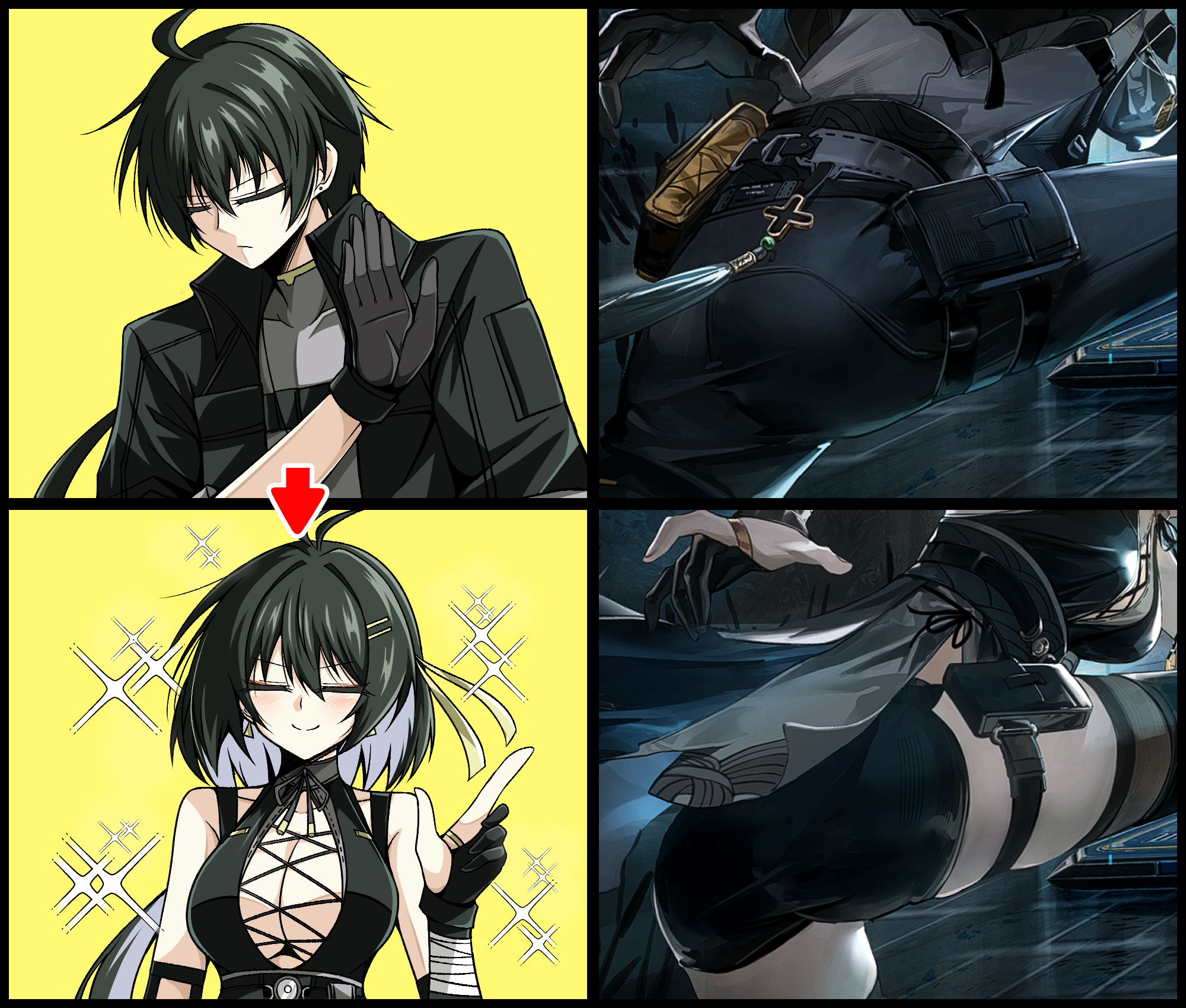 windy (jazz9207), female rover (wuthering waves), male rover (wuthering waves), rover (wuthering waves), wuthering waves, commentary request, highres, korean commentary, 1boy, 1girl, ass, bare shoulders, black gloves, black hair, black jacket, black pants, black shorts, breasts, closed eyes, closed mouth, colored inner hair, cross-laced clothes, cross-laced top, drakeposting (meme), dual persona, game screenshot inset, gloves, grey shirt, hair ornament, hairclip, hand up, index finger raised, jacket, large breasts, long hair, meme, multicolored hair, pants, parallel hairclips, shirt, shorts, smile, sparkle, sparkling aura, white hair