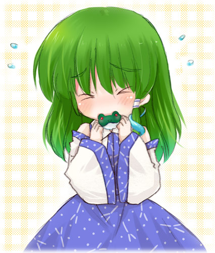 akino ochiba, kochiya sanae, touhou, lowres, > <, 1girl, blush, chibi, closed eyes, detached sleeves, female focus, frog, green hair, hair ornament, holding, holding hair ornament, japanese clothes, miko, snake, solo, unworn hair ornament